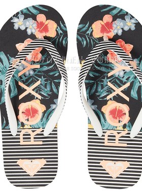 ROXY新款印花女度假旅游软平底轻便舒适人字拖透气绿色花底拖鞋