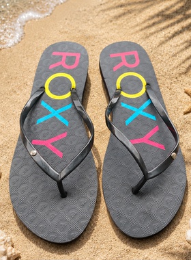 ROXY新款人字拖夏季凉拖防滑沙滩鞋防水耐磨黑色钢印亮黑夹带 移