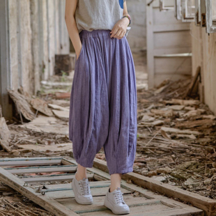 宽松显瘦复古文艺灯笼裤 高端亚麻裤 28片拼接扎染九分裤 新款 子夏季