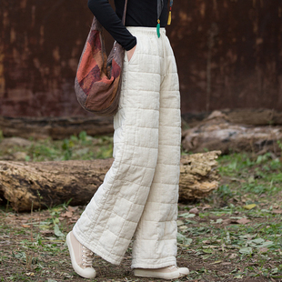 做旧绗缝方格直筒裤 新中式 棉麻加厚保暖长裤 女外穿2025新款 夹棉裤