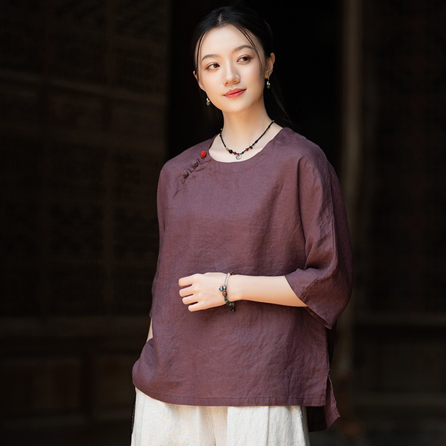 高端亚麻禅意佛系女装国风复古薄款全麻茶服衬衫宽松短袖中式上衣