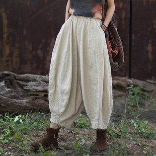 棉麻九分裤女夏2026新款苎麻做旧拼接休闲裤流浪风宽松阔腿南瓜裤