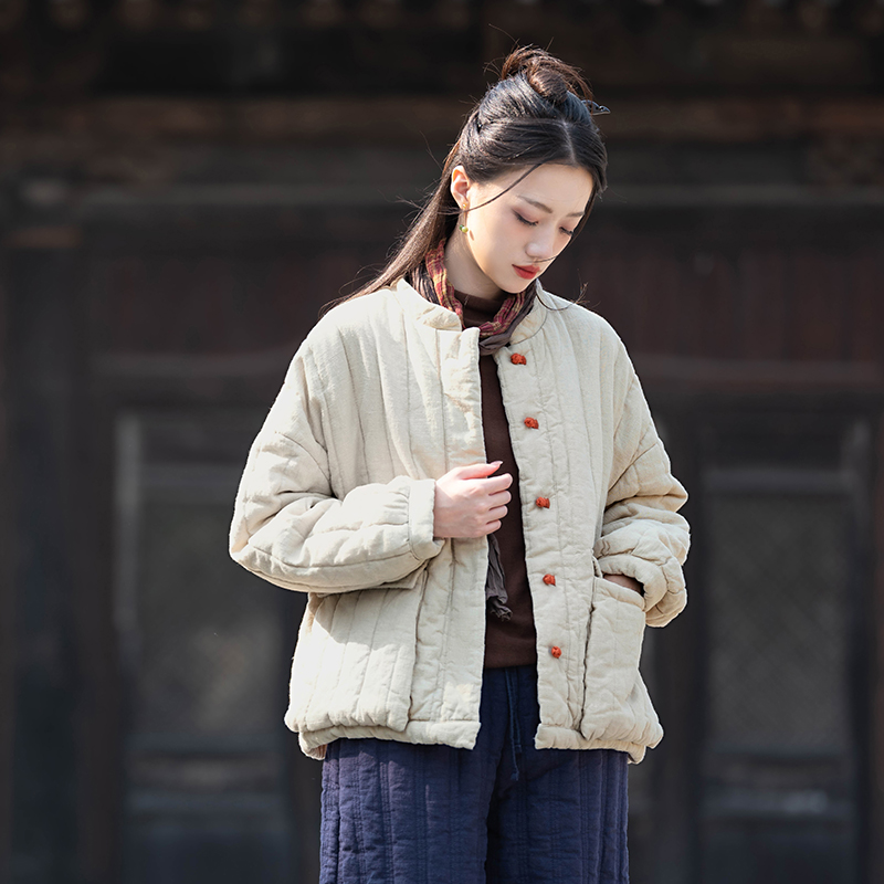 棉麻女装秋冬新款复古中国风棉袄新中式棉服短款棉衣加厚夹棉外套