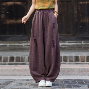 棉麻裤 新款 子个性 小众流浪风破洞长裤 新中式 设计感苎麻灯笼裤 女装