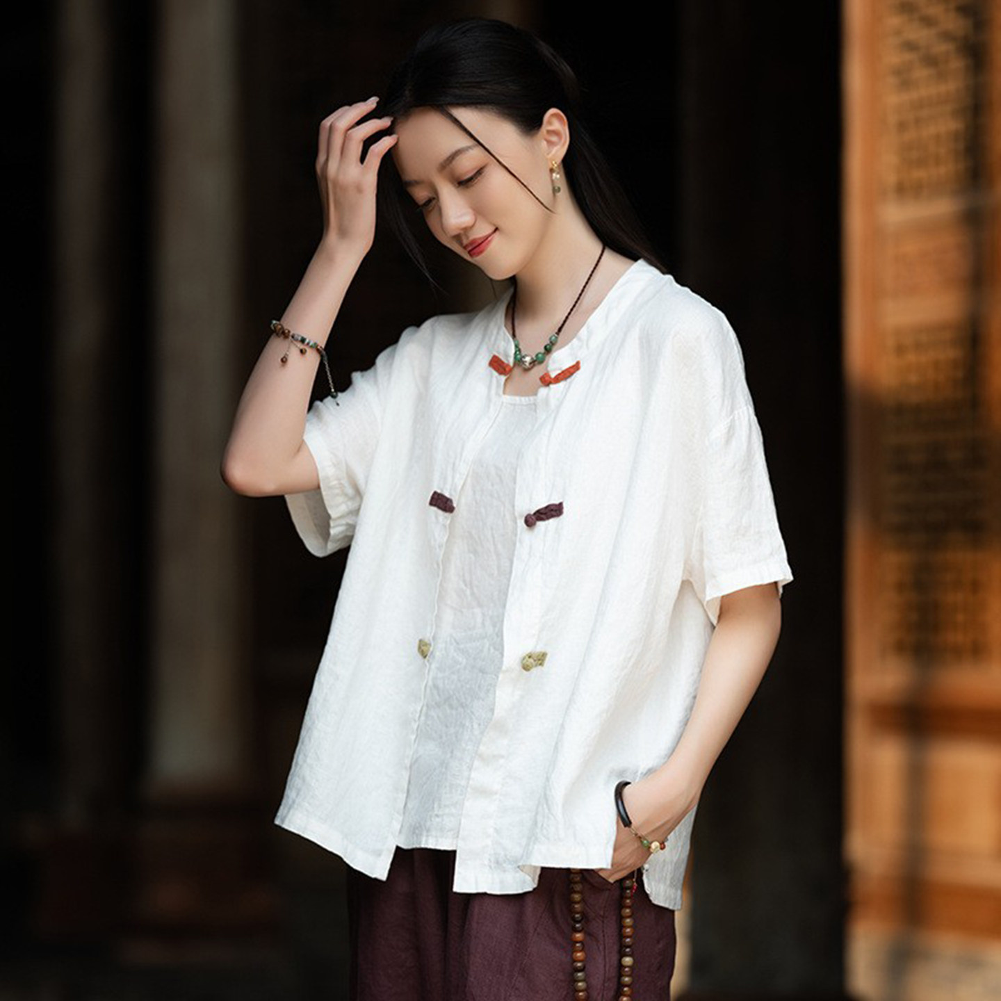 高端亚麻上衣短袖衬衫新中式茶服