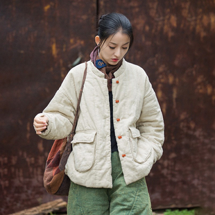新中式棉服女冬高端苎麻加厚保暖棉衣盘扣复古风棉袄棉麻夹棉外套