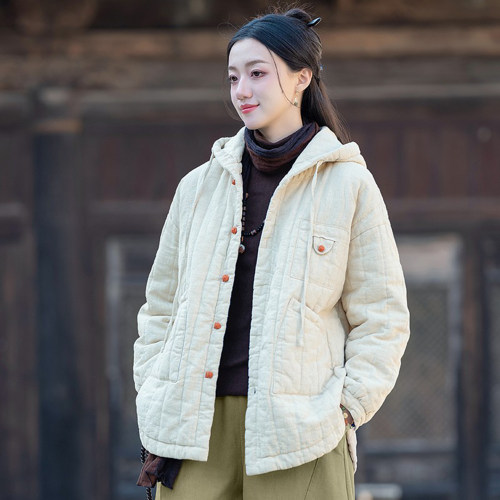 棉麻连帽夹棉外套新中式国风棉服