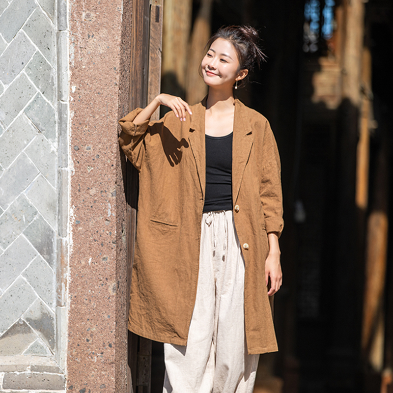 棉麻上衣女2025新款西服领长外套亚麻宽松风衣中长款外搭大版衬衫