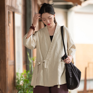 棉麻新中式上衣女秋装2025新款斜襟系带禅意茶服开衫佛系复古外套