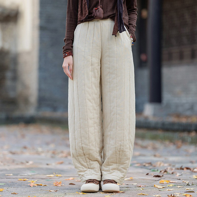 冬季棉麻加厚绗缝女式夹棉裤外穿