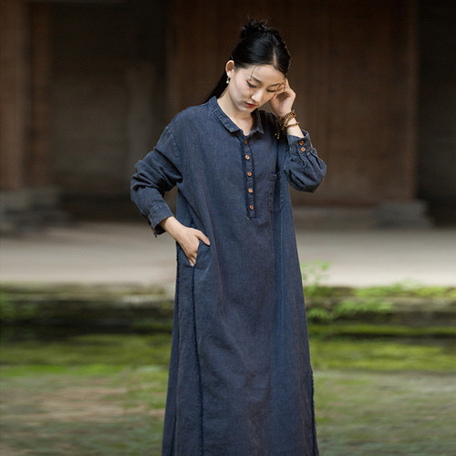 新中式长袖连衣裙秋季棉麻长裙子