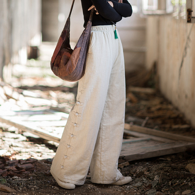 中式棉麻夹棉裤加厚外穿直筒长裤