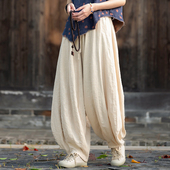 高端苎麻禅意打坐灯笼裤 棉麻裤 文艺复古宽松拼接南瓜裤 新款 子春季