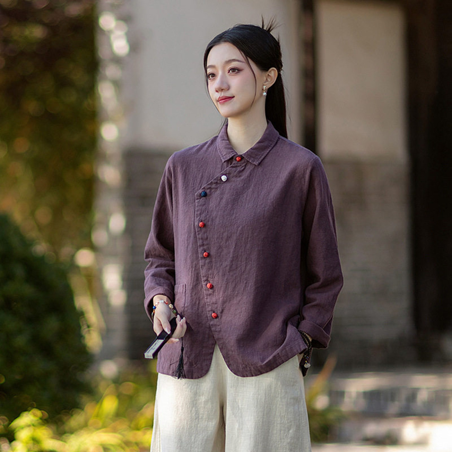 复古风棉麻上衣翻领苎麻小衫茶服