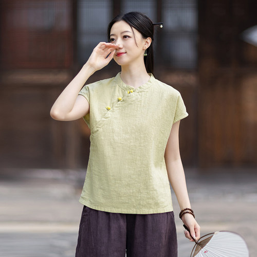 新中式棉麻上衣短袖茶服苎麻小衫