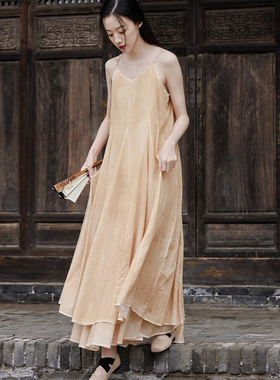 清冷感连衣裙女夏新中式国风长款大摆打底吊带裙旅拍设计感长裙子