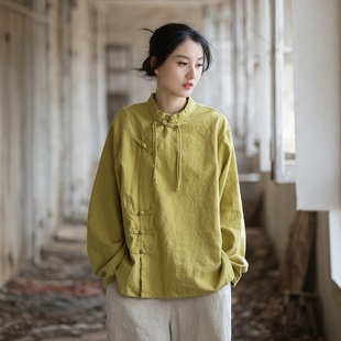 国潮文艺女装秋季新款 苎麻棉复古盘扣改良上衣新中式茶服长袖T恤