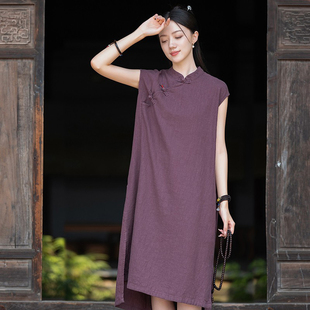 新中式连衣裙夏季新款棉麻复古盘扣旗袍裙禅意茶服苎麻无袖长裙子