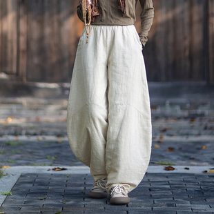 新中式棉麻裤子秋冬太极打坐禅修裤夹棉加厚灯笼裤女新款外穿棉裤