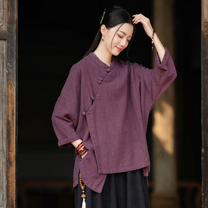 新中式女装春季新款复古宽松棉麻上衣禅意佛系茶服不规则盘扣外套