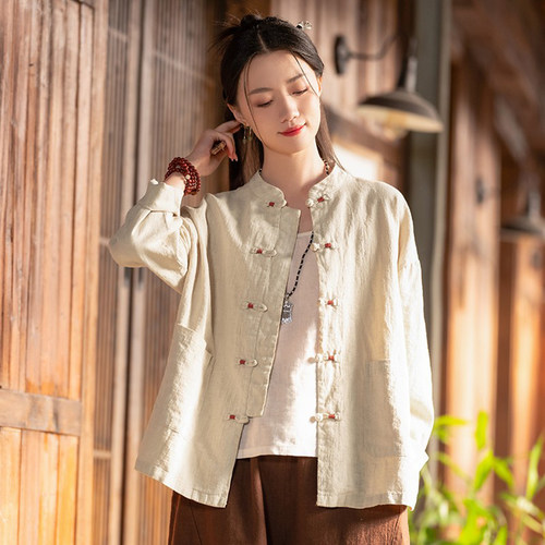 国风复古盘扣新中式茶服棉麻外套