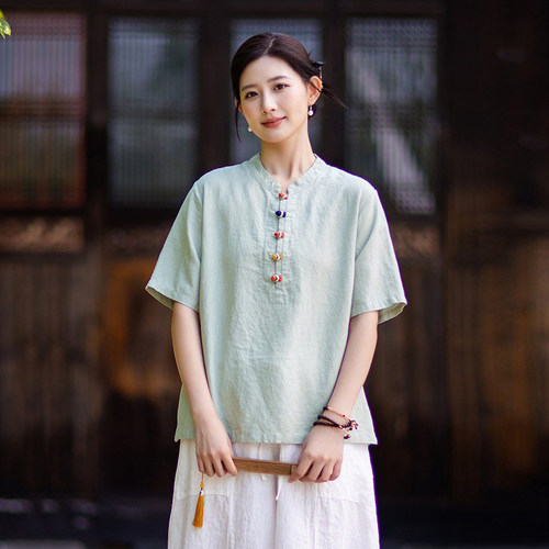 复古国风茶服短袖盘扣上衣居士服