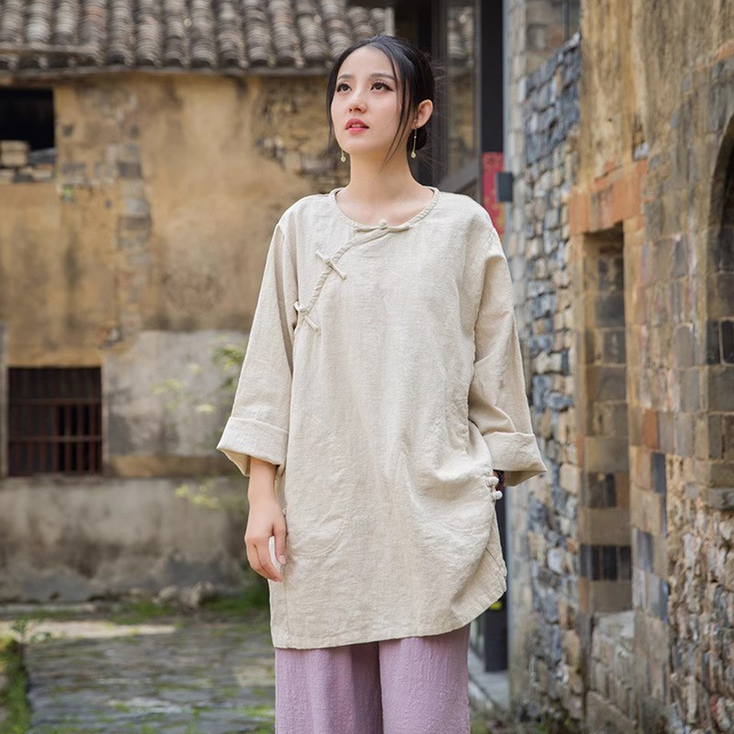 新中式棉麻上衣女斜襟居士服茶服