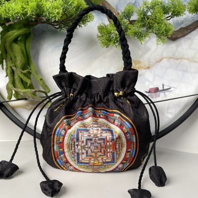 时尚简约仿香云纱抽绳零钱包复古新中式国风便携束口斜挎包包