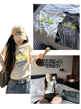 superniniyy 浪漫小天使&2026少女感天使图案印花圆领小短款T恤夏