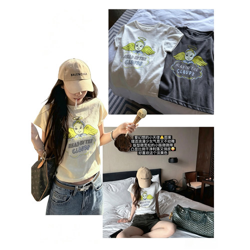 superniniyy 浪漫小天使&2026少女感天使图案印花圆领小短款T恤夏