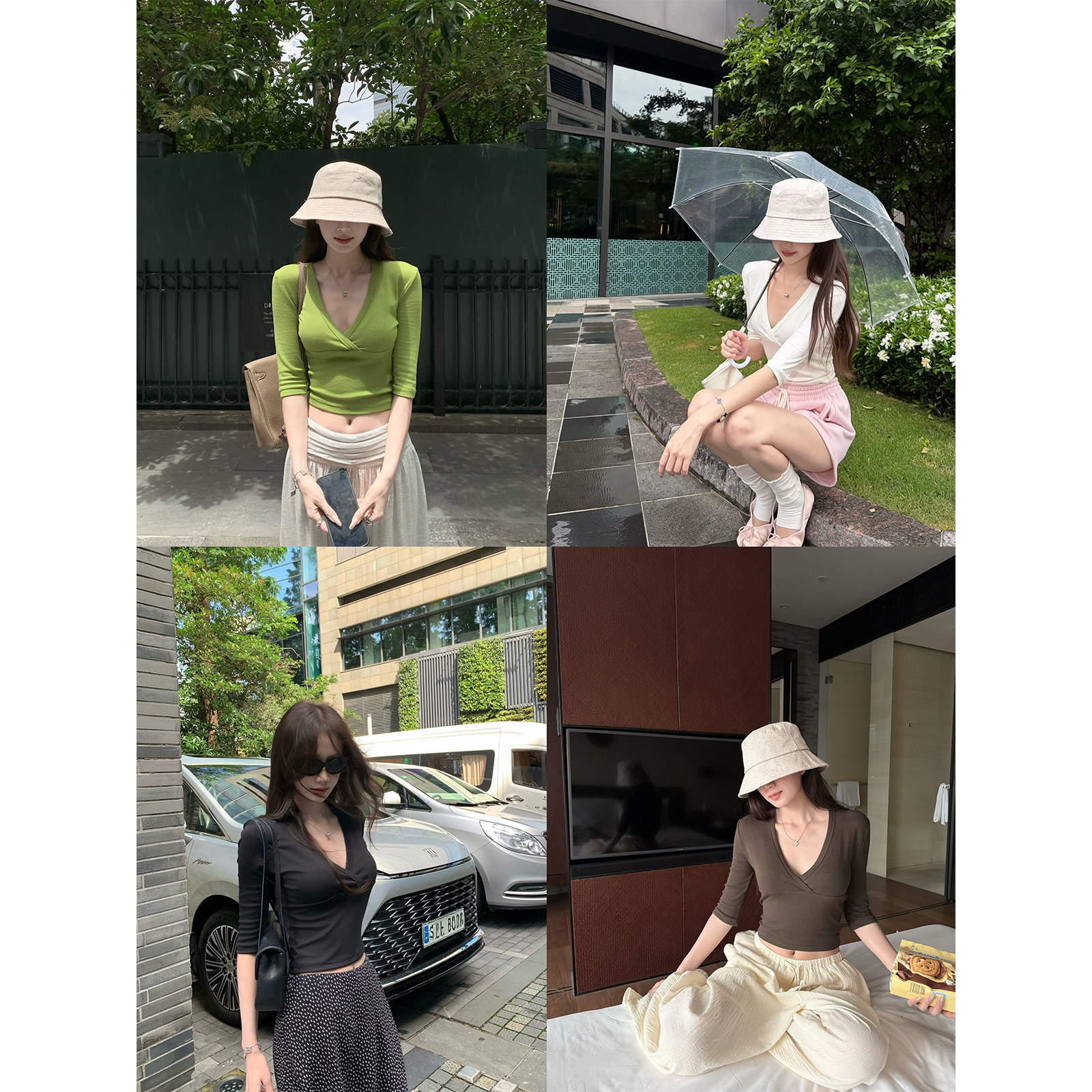 superniniyy 微醺奶栗&气质中袖款交叉领纯欲优雅修身显瘦短款T恤图片