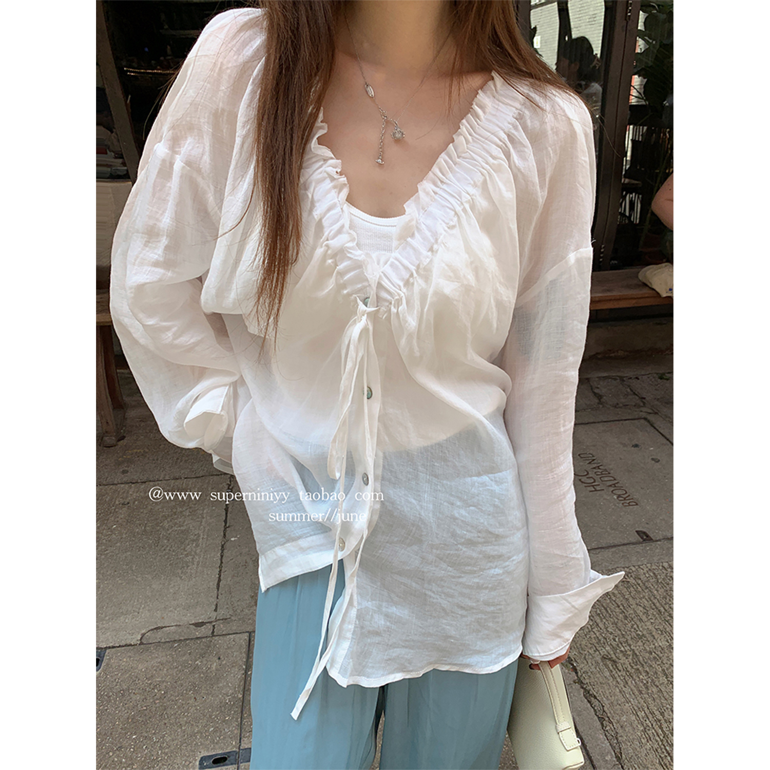 superniniyy 温柔老钱风100%麻料夏季薄款抽绳花边V领防晒衬衫女