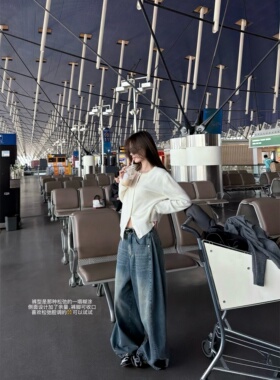 '海盐椰椰'重工做旧酵洗工艺松弛阔版裤脚可收蓝色牛仔裤阔腿长裤