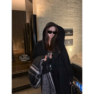 '腹黑女主'进口100羊毛 女巫连帽无肩缝双面尼手工大衣长款外套女