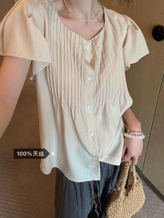 superniniyy 100%天丝清凉随性宽松慵懒短袖小飞袖法式衬衫女夏季