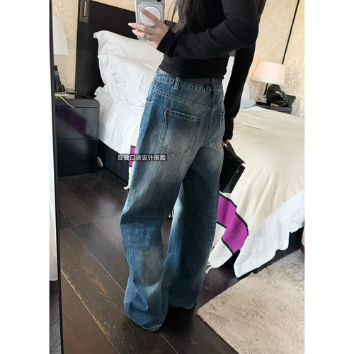 superniniyy 爵士酒廊&轻拉绒时髦酵洗磨毛做旧宽松牛仔裤长裤女