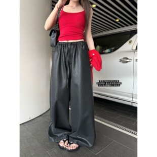 superniniyy爵士酒廊&超柔软细腻pu蛋白皮松弛感长裤 阔腿休闲皮裤