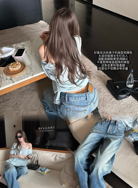 superniniyy 姐姐钓系牛仔裤&大长腿直腿效果水洗蓝做旧牛仔裤女