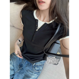 '亨利芝士边'推荐 亨利领撞色拼接假两件轻微书卷气弹力短袖T恤女