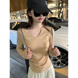 女 V领t恤打底衫 superniniyy 绵绵凉感微透显瘦t收腰褶皱设计长袖