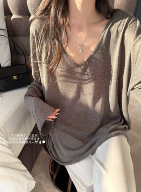 '冰爽纸片人'莱赛尔亚麻精品高支纱线大V领显瘦松弛防晒罩衫上衣