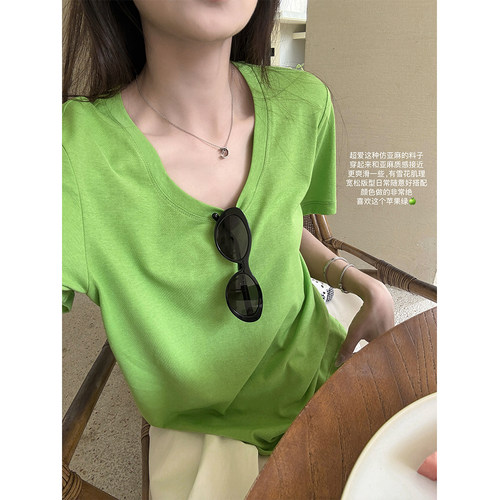 superniniyy 多巴胺&夏日专属大圆领麻感雪花肌理宽松短袖T恤上衣