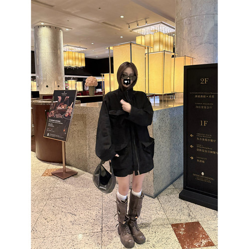 superniniyy 立体口袋伞兵工装风宽松休闲立领长袖牛仔外套上衣女