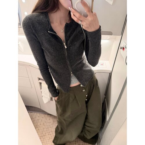 superniniyy 威化饼&坑条显瘦双拉链头收腰针织开衫外套上衣春女