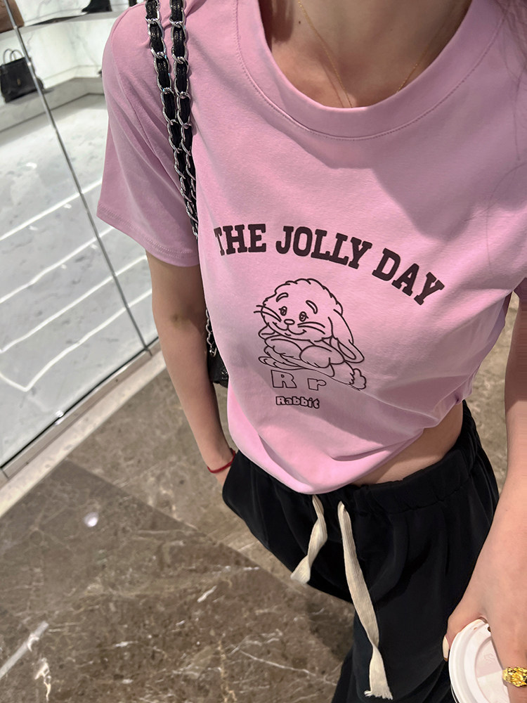 superniniyy 长度刚刚好小宽松短袖圆领t恤卡通字母打底衫女春夏