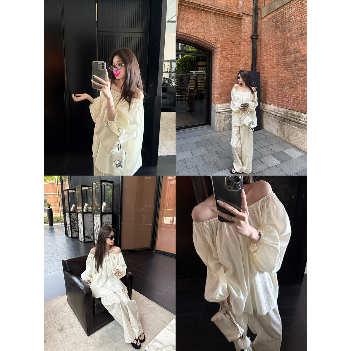 superniniyy 仙美轻盈感74天丝25苎麻长袖宽松防晒一字肩上衣女夏