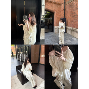 仙美轻盈感74天丝25苎麻长袖 superniniyy 宽松防晒一字肩上衣女夏