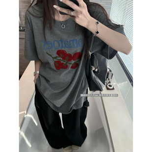 休闲T恤女 秋冬高克重磨毛植绒印花宽松短袖 superniniyy 樱桃番茄
