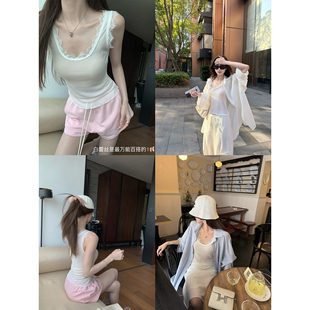 superniniyy 纯欲猎手&蕾丝点缀wan能内搭螺纹弹力修身U领背心女