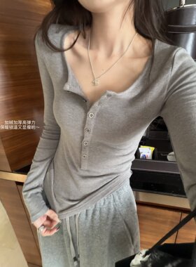 superniniyy 牛乳打底&亨利大圆领扣子加绒高克重抗皱打底衫上衣T